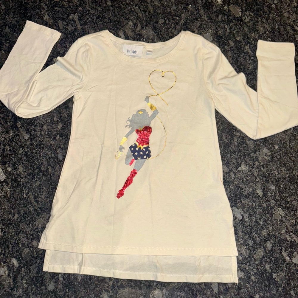 Like new GAP Cream Long Sleeve Shirt with Wonder Woman Design